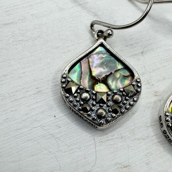 Sterling Silver Abalone Marcasite Sparkling Iridescent Drop Earrings SLC 925 Th - Picture 10 of 16